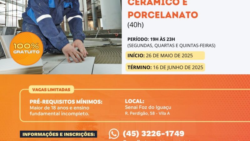 Curso gratuito de Aplicação de Revestimento Cerâmico e Porcelanato no Senai