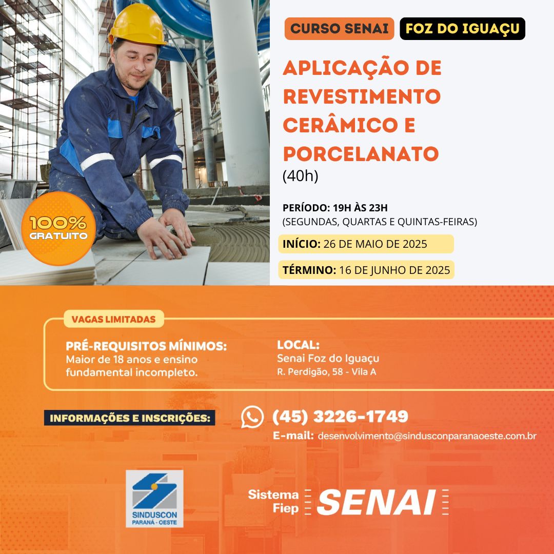 Curso gratuito de Aplicação de Revestimento Cerâmico e Porcelanato no Senai