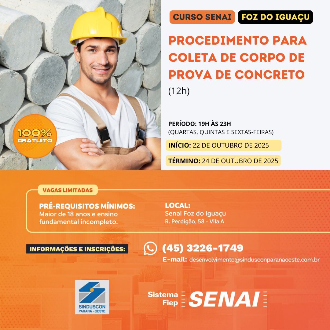 Curso gratuito para “Procedimento para Coleta de Corpo de Prova de Concreto”