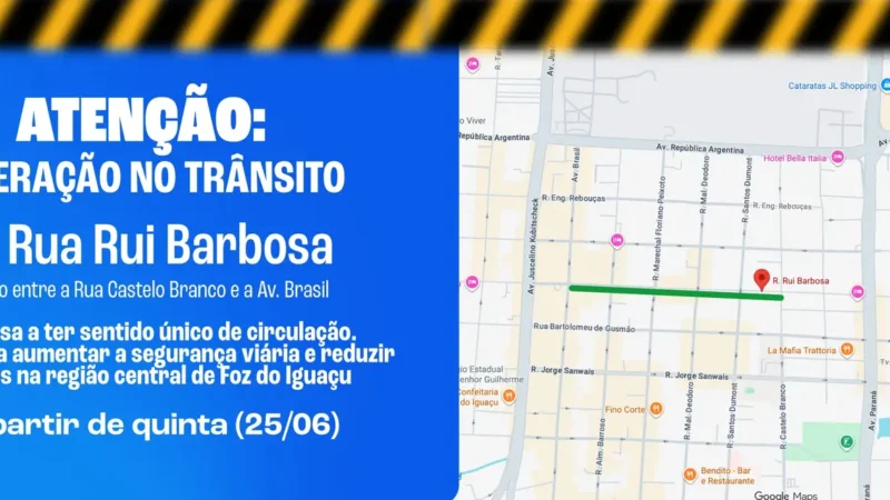 Alteração no trânsito: Rua Rui Barbosa passa a ter sentido único de circulação