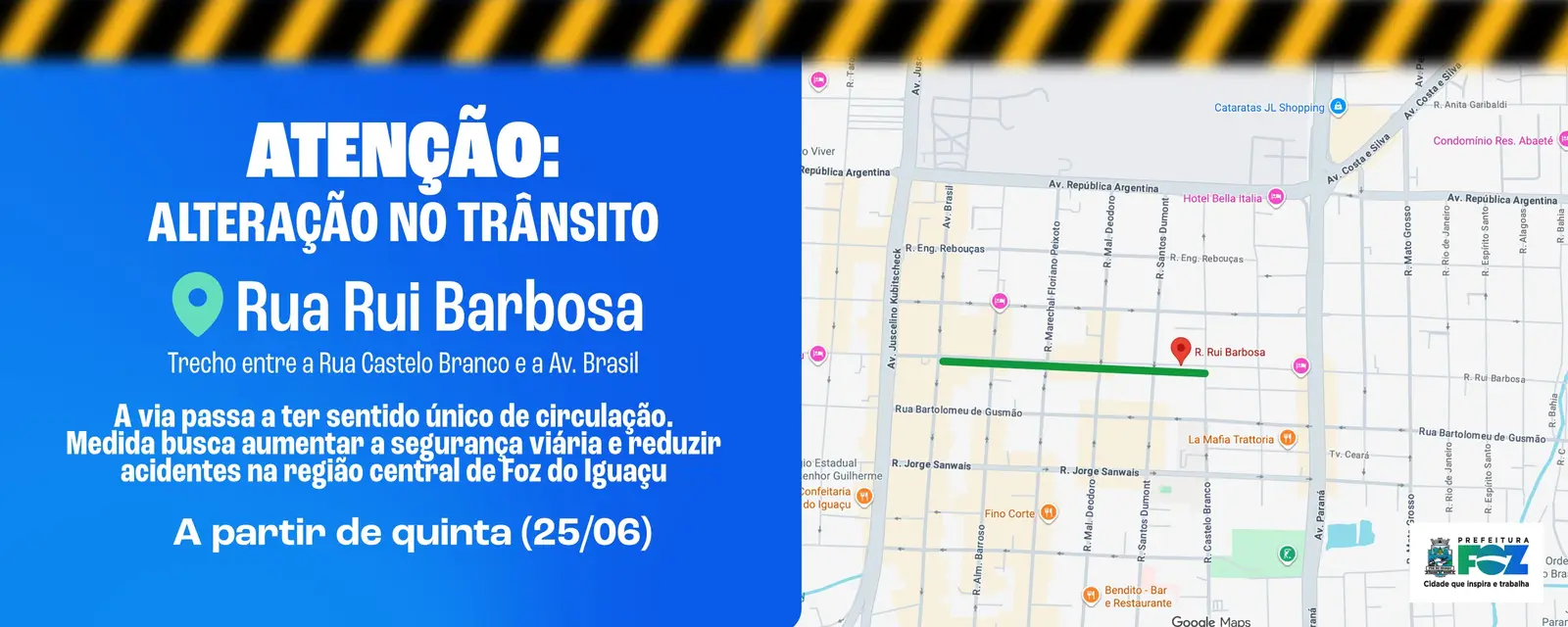 Alteração no trânsito: Rua Rui Barbosa passa a ter sentido único de circulação